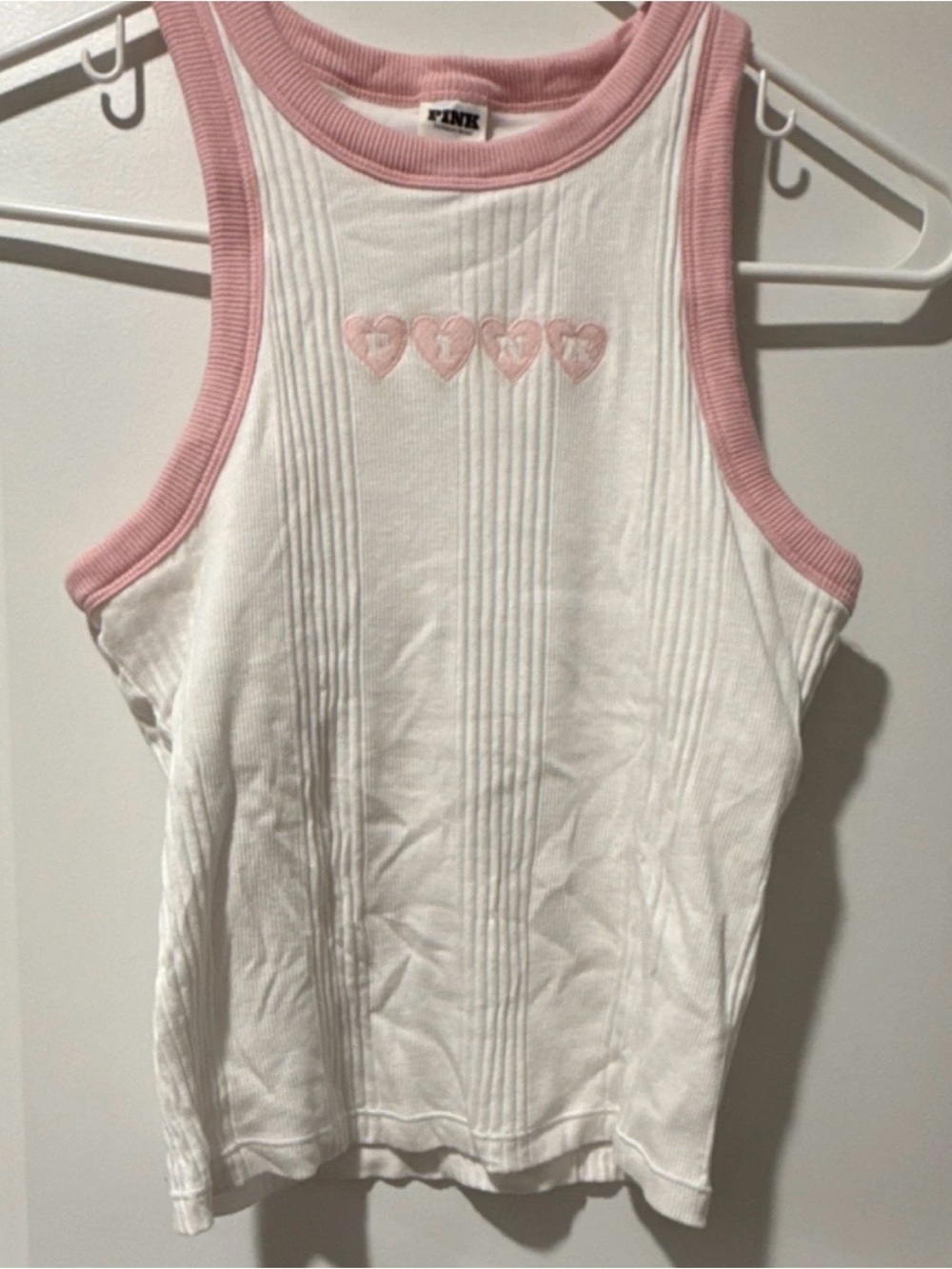 PINK Victoria's Secret White Ribbed Tank with Pink Trim & Heart Embroidery